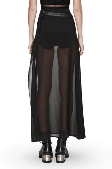 Chic Belted Maxi Skirt in Sheer Black Chiffon
